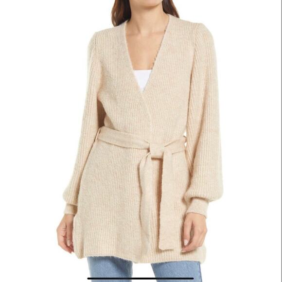 Topshop Belted Blouson Sleeve Cardigan in Stone - Picture 1 of 8